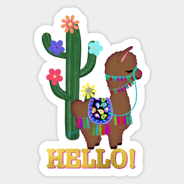 HELLO! Cute Little Brown Llama and Cactus | Cherie's Art(c)2021 Sticker by CheriesArt